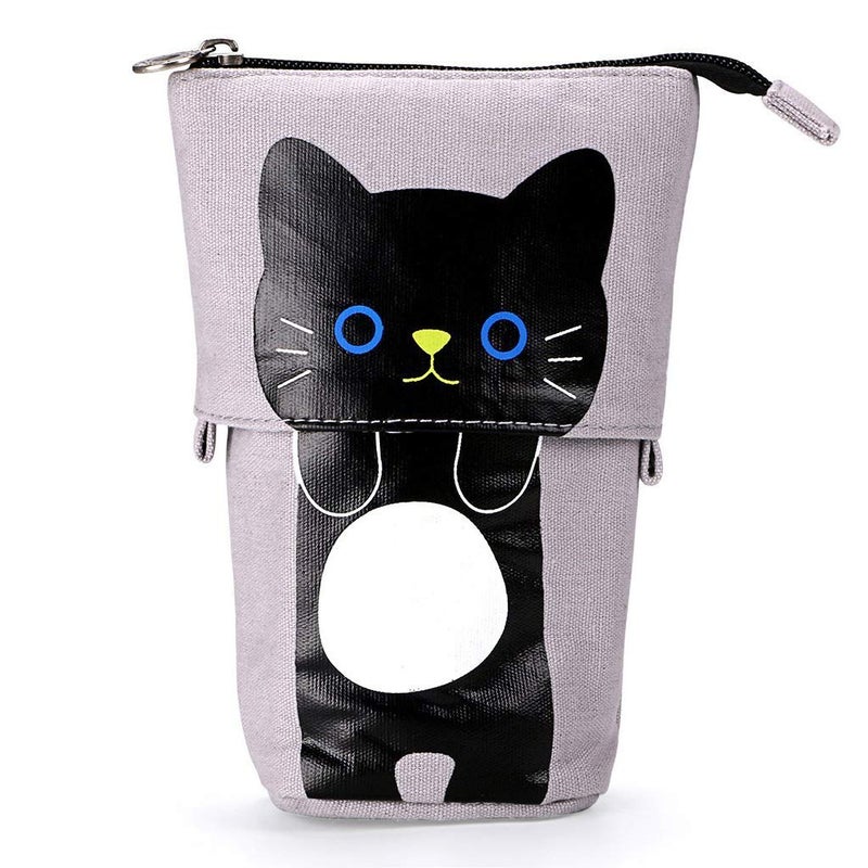 Ytuomzi Telescopic Pencil Pouch Standing Pen Holder Cute Pencil Bags Stand Up Pen Case Cartoon Pencil/Pens Storage Box Canvas+PU Stationery Organizer Makeup Bag with Zipper Closure (Gray) - Image 1